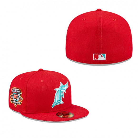 Men's Miami Marlins New Era Scarlet 10th Anniversary Undervisor 59FIFTY Fitted Hat